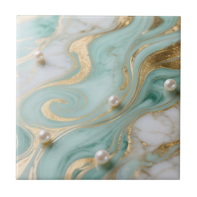 Azulejo Turquesa Mármol Perla Dorado Remolino (Frente)