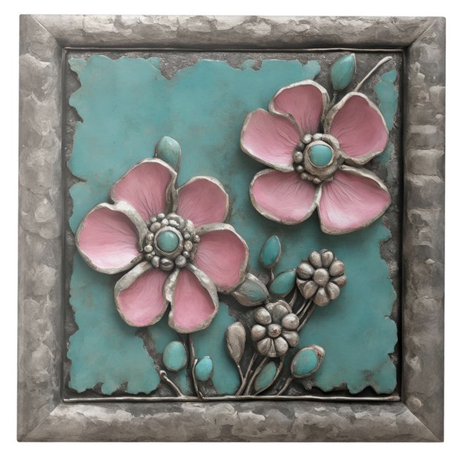 Azulejo Turquoise and pink Floral Art with silver frame (Frente)