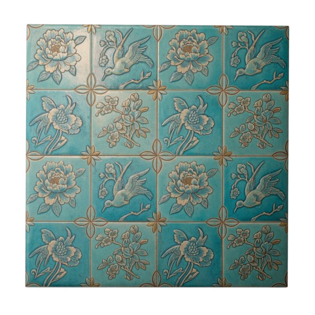 Azulejo Turquoise Chinoiserie Relief Pattern Ceramic Tile (Frente)