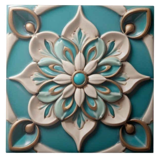 Azulejo Turquoise Daisy Flower Faux Relief Boho Floral (Frente)