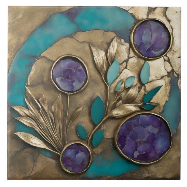 Azulejo Turquoise Geometric Floral with Gold & Purple  (Frente)