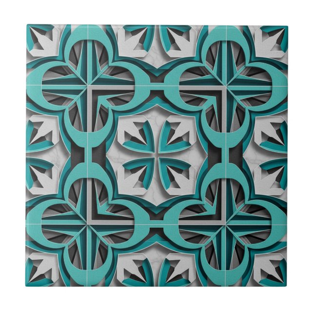 Azulejo Turquoise Silver 3D Layered Paper Cut Art (Frente)