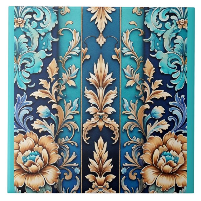 Azulejo Turquoise Tan Floral Damask Tile estilo occidental (Frente)