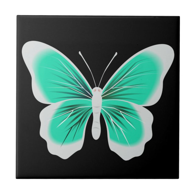 Azulejo Turquoise white butterfly black background (Frente)