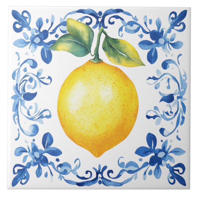 Azulejo Tuscan Rustic Mediterranean Blue Lemon (Frente)