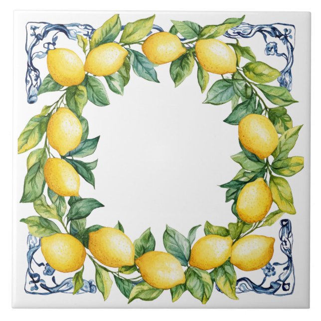 Azulejo Tuscan Rustic Mediterranean Yellow Lemon Wreath (Frente)