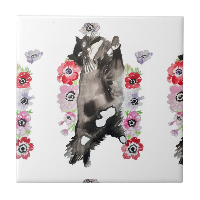 Azulejo Tuxedo Cat Black and White Gats Tile rosa floral (Frente)