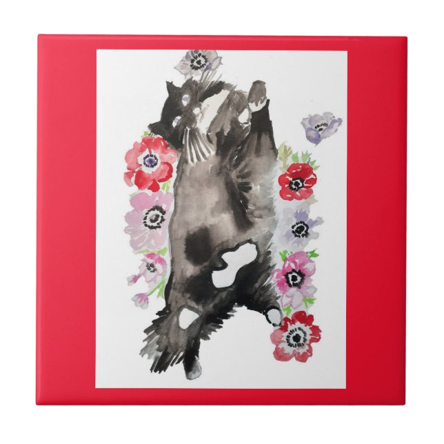 Azulejo Tuxedo Cat Cute Bonitos Flores Gatos Acuarela (Frente)