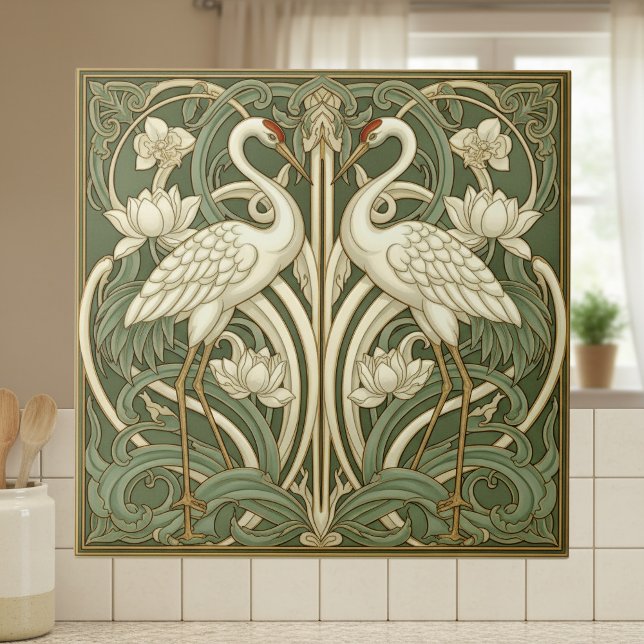 Azulejo Two Cranes Art Nouveau Pat#10 Olive Ivory ID1193 (Subido por el creador)