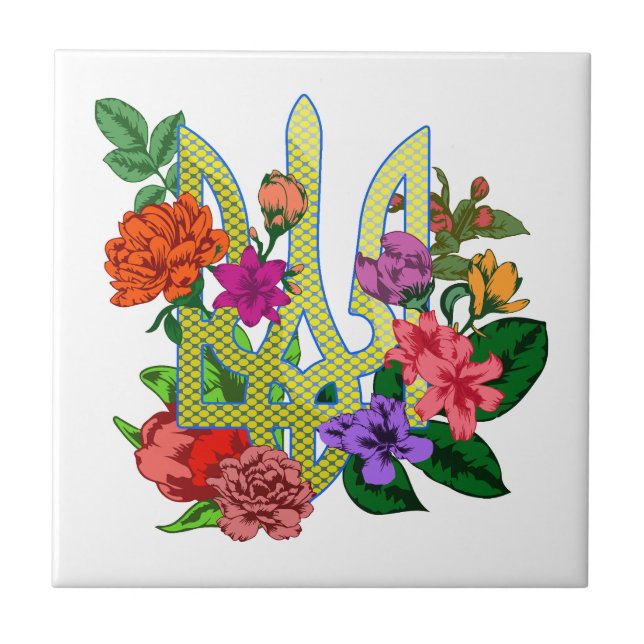 Azulejo Ukrainian heraldry trident tryzub blooming flowers (Frente)