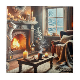 Azulejo Un acogedor escenario invernal junto a la chimenea