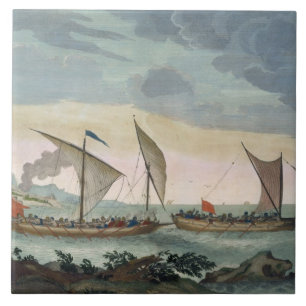 Azulejo Un bergantín que da caza a un Felucca, y alrededo