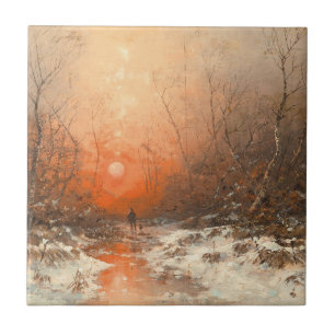 Azulejo Un camino del bosque con cazador al atardecer