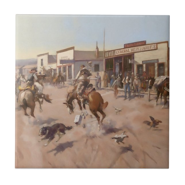 Azulejo “Un día tranquilo en Utica” de Charles M Russell (Frente)