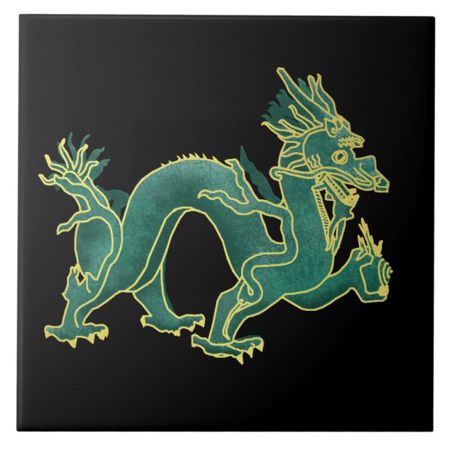 Azulejo Un dragón verde con el accesorio de oro (Frente)