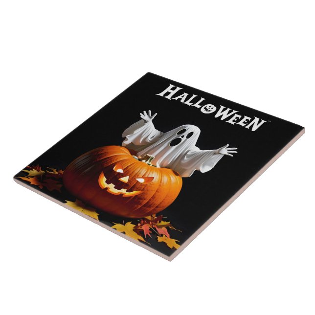 Azulejo Un fantasma juguetón emerge de una calabaza tallad (Lado)