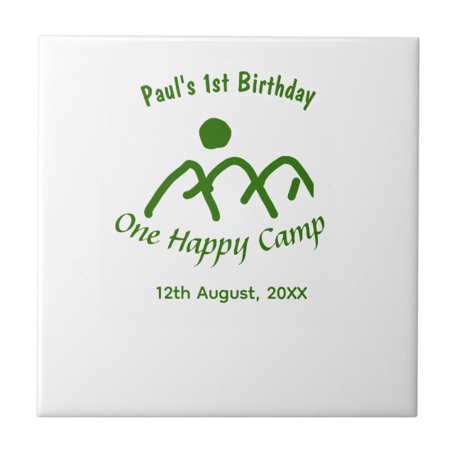 Azulejo Un feliz campamento verde montaña sol cumpleaños 1 (Frente)