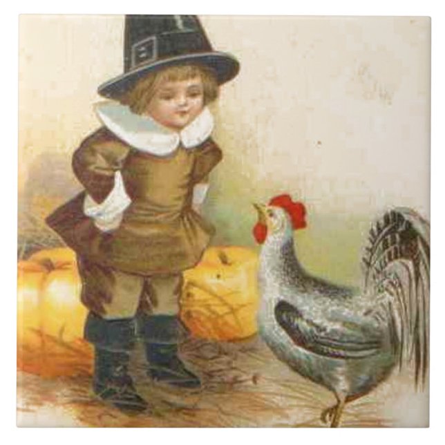 Azulejo Un feliz peregrino de Acción de Gracias y una roca (Frente)