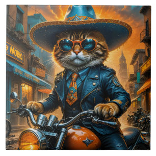 Azulejo Un Gato En Sombrero Y Motocicleta