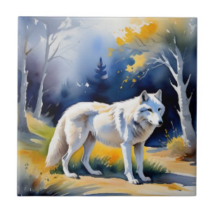 Azulejo Un lobo en una pintura de la acuarela del bosque