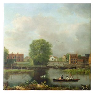 Azulejo Un paisaje del río, posiblemente una visión desd