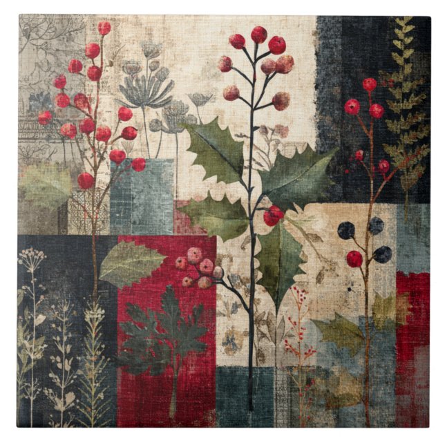 Azulejo Un Rustico Invierno de Patchwork de Bayas de Acebo (Frente)