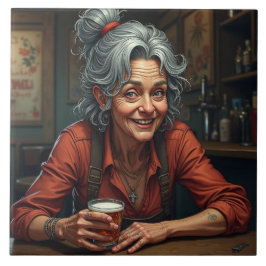 Azulejo Una divertida mujer mayor de cómic en un bar con c