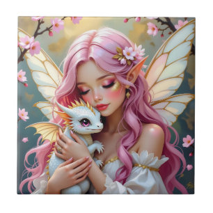 Azulejo Una elegante hada y su dragón bebé personalizados