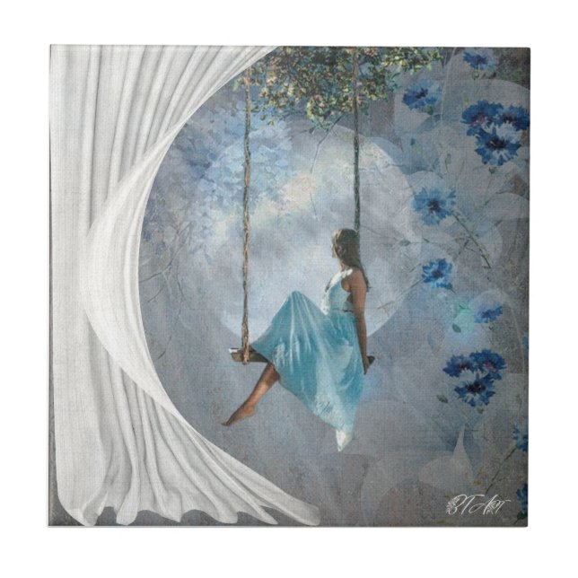Azulejo Una mujer con un vestido azul en un columpio (Frente)