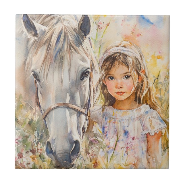 Azulejo Una niña con un caballo (Frente)