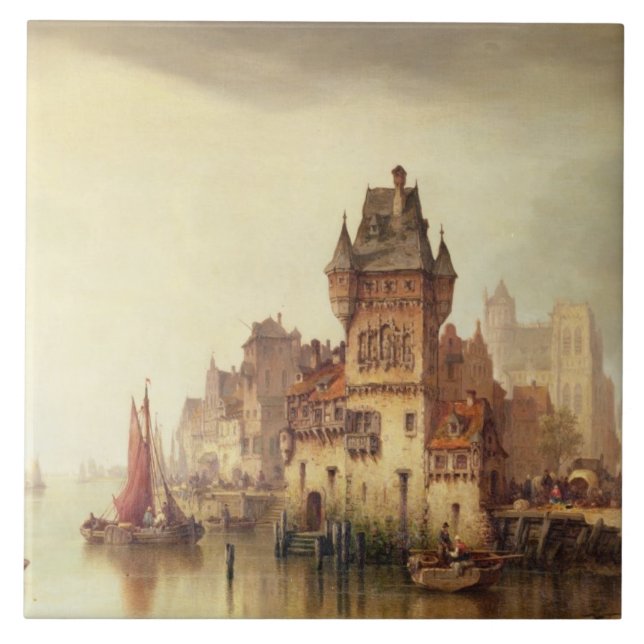 Azulejo Una opinión sobre el río, Dordrecht, 1879 (aceite (Frente)