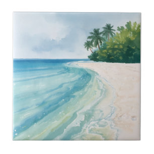 Azulejo Una playa tropical serena en acuarela