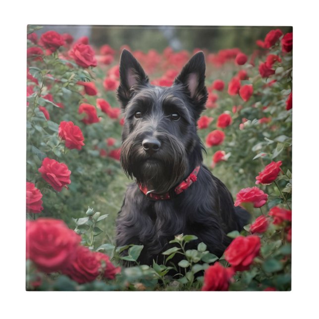 Azulejo "Una rosa roja para el terrier negro escocés" (Frente)