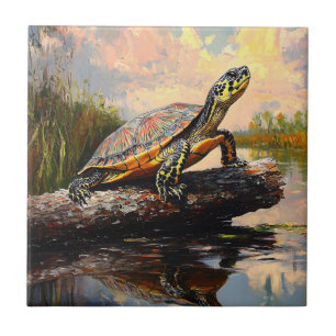 Azulejo Una tortuga dulce en una pintura de Log Everglades