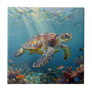 Azulejo Una Tortuga Marina y Rayos de Sol en el Océano Azu