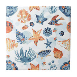 Azulejo Under the Sea | Watercolor Coral Ocean Animals