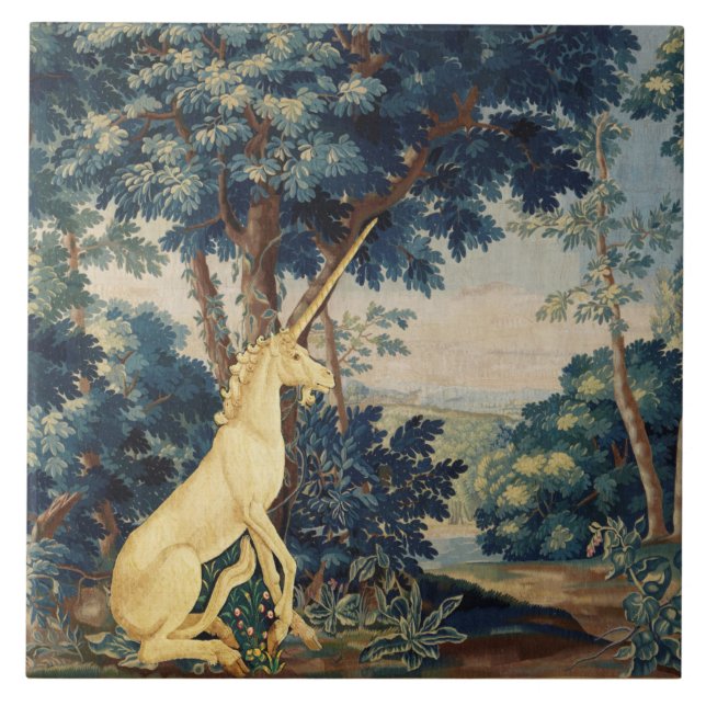 AZULEJO UNICORN EN EL PAISAJE DE WOODLAND, ÁRBOLES, VERDES (Frente)