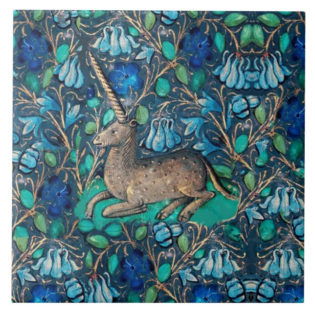 Azulejo UNICORN ENTRE FLORES AZULES Aqua Blue Green Floral (Frente)