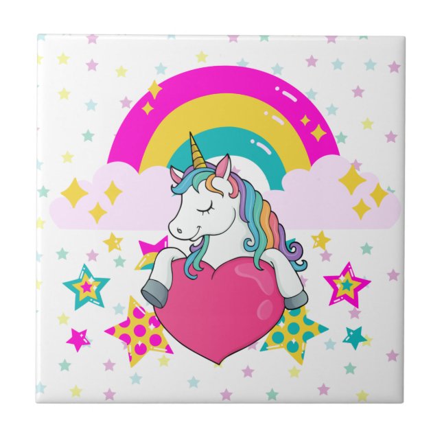 Azulejo Unicornio arcoiris con estrellas (Frente)
