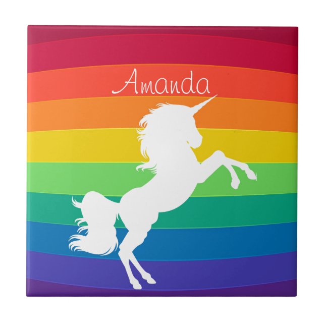 Azulejo Unicornio Blanco Personalizado Patrón de Arcoíris (Frente)