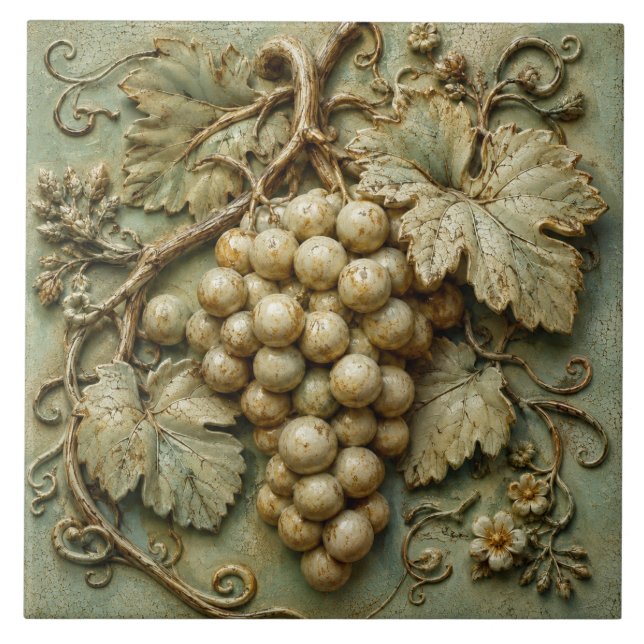 Azulejo Uvas de viñedo rústico Relieve Falso Botánico (Frente)
