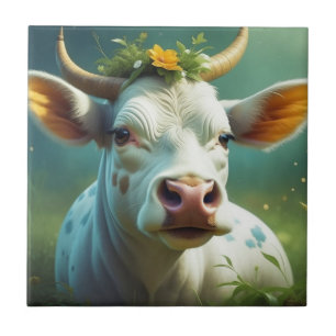 Azulejo Vaca blanca dulce de aluminio con cuernos y flores