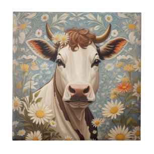 Azulejo Vaca Cuta Con Flores De Daisy
