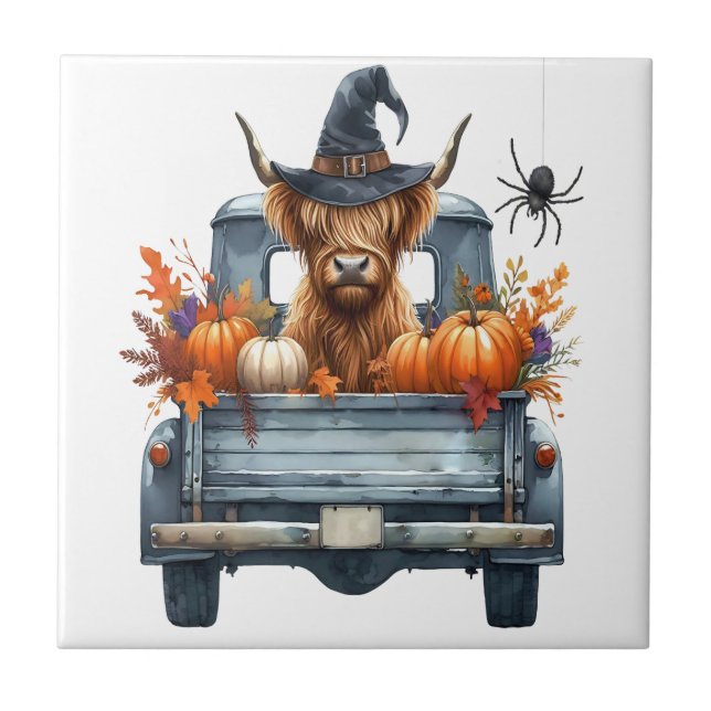 Azulejo Vaca de las Tierras Altas de Halloween de Otoño (Frente)