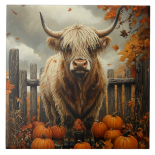 Azulejo Vaca de las Tierras Altas en parcela de calabazas