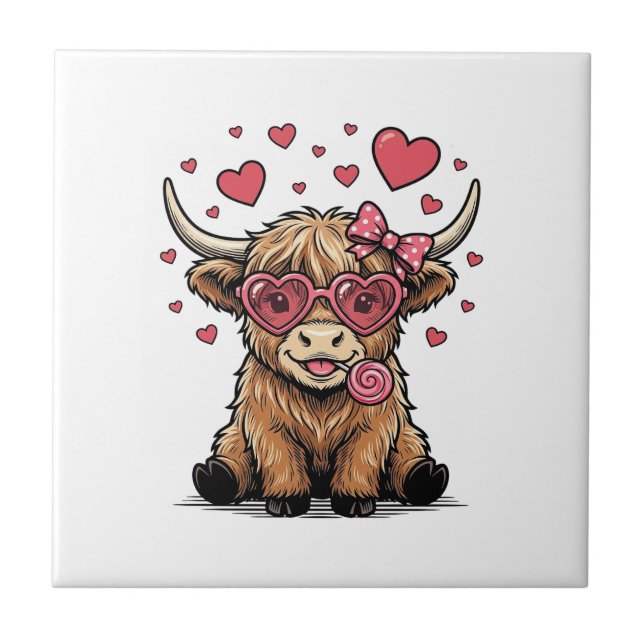 Azulejo Vaca de las Tierras Altas Valentín Corazón Gafas V (Frente)