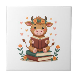 Azulejo Vaca de las Tierras Altas Vintage Leyendo Libros F