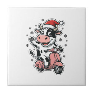 Azulejo Vaca de Navidad montando scooter rosa vintage vect