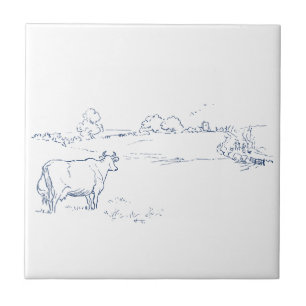 Azulejo Vaca en campo - Escena mínima en el país Minimalis