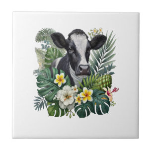 Azulejo Vaca en selva floral Png, vaca tropical